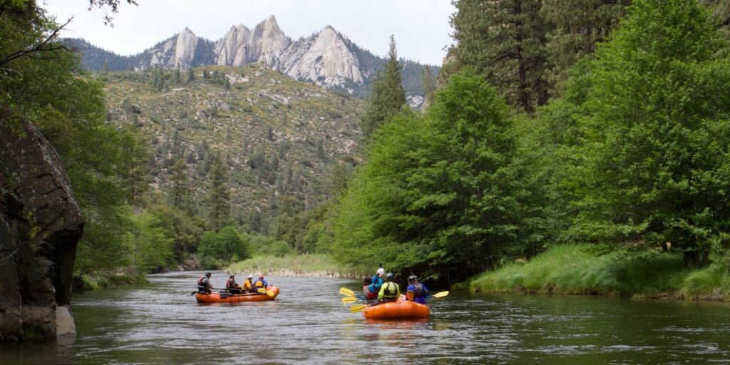 calm waters and serene view while rafting on the Forks of the Kern Sierra South Mountain Sports Kern River California